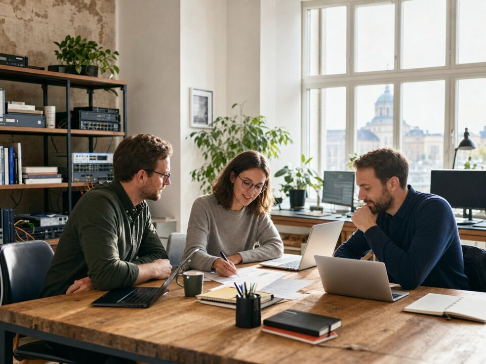Kleines IT-Team arbeitet gemeinsam an Unterlagen in einem hellen Büro.